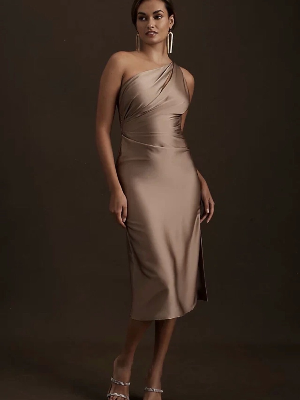 BHLDN One-Shoulder Taupe Satin Midi Dress